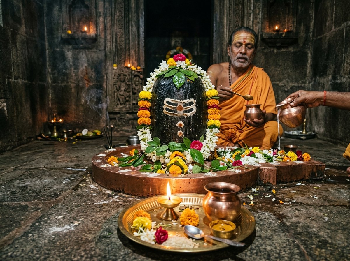 Vedic Shastri performing Rudrabhishek with sacred Bilva and copper vessels