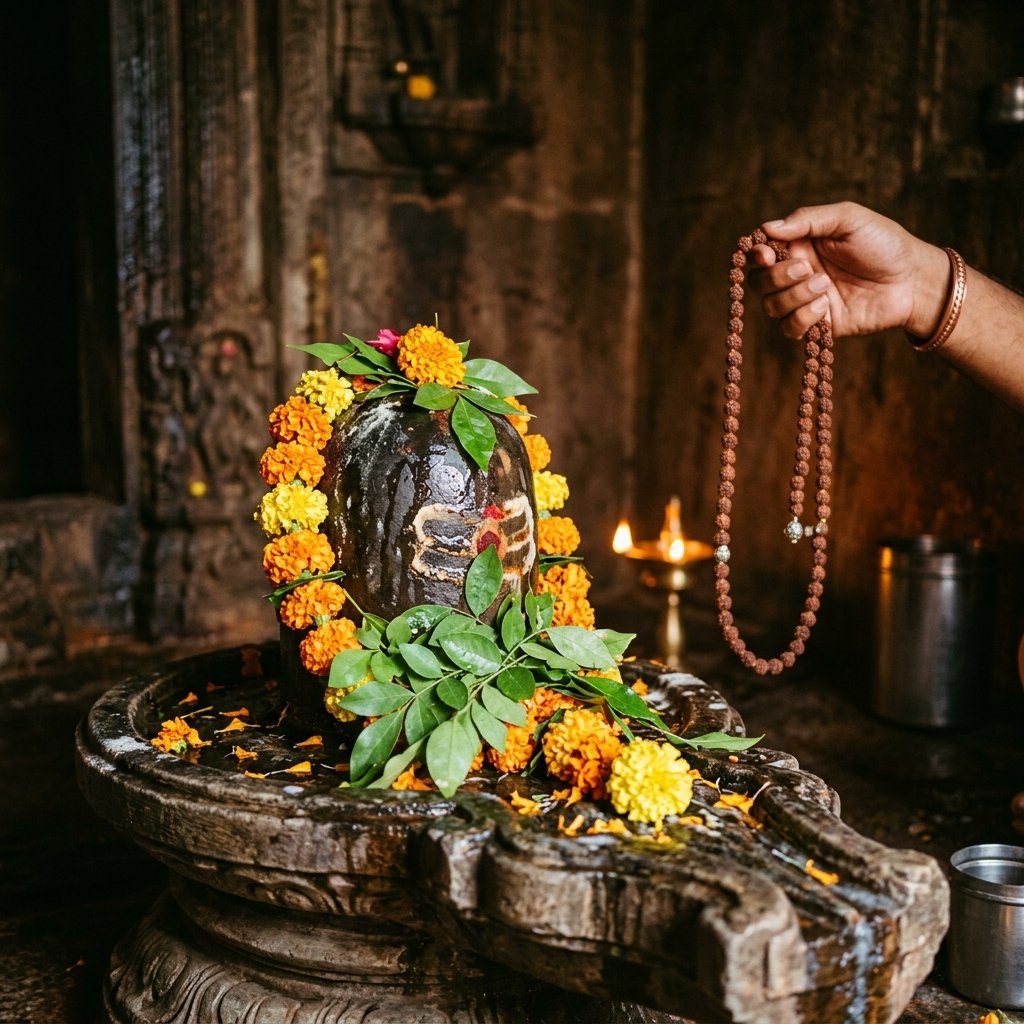 Sacred Shiva Lingam with offerings